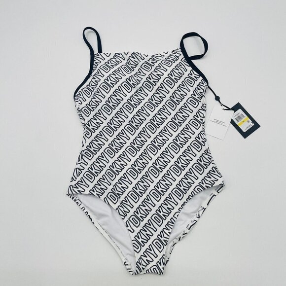 DKNY Womens Size Medium Logo-Print One-Piece Swimsuit in White & Black $108 2031 - Picture 2 of 7